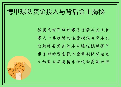 德甲球队资金投入与背后金主揭秘